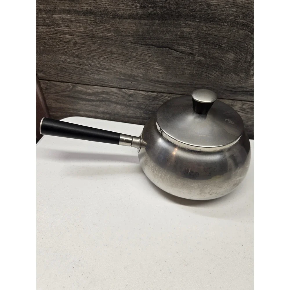 Vintage MCM Stainless Steel Fondue Pot with Lid Black Handle Mid Century‎ Modern